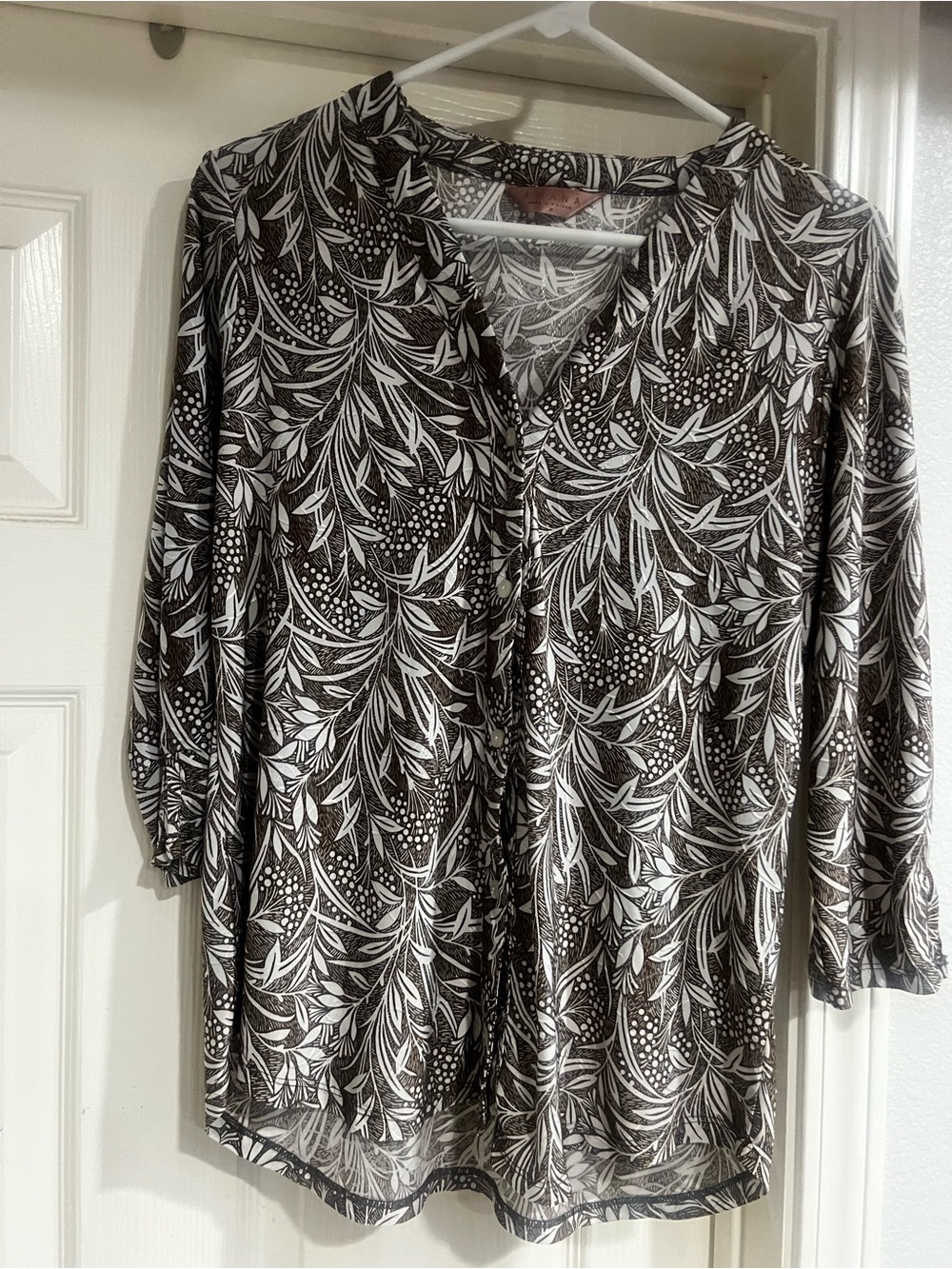 Amiana Brown and White Leaf-Print Button Front Top
